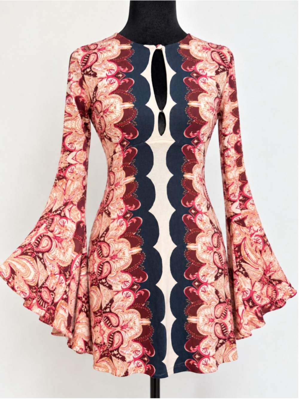 Free People Ossie Vibes Dress Size 0 Bell Sleeve Paisley Boho Mini Tunic - Picture 1 of 9